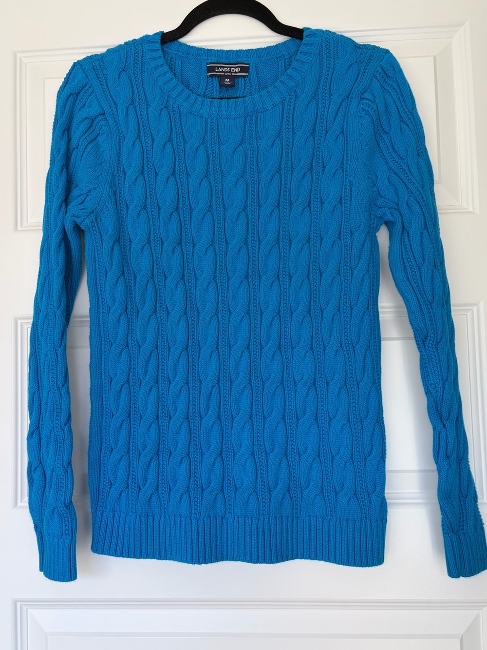 Lands' End Women's Cable Knit Sweater - Bright Blue 100% Cotton Medium